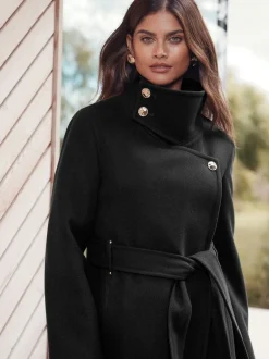 Lipsy Noir - Manteau asymétrique à col cheminée ceinturé Hot