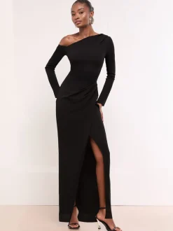 Lipsy Noir - Robe longue à manches longues sur l’épaule rassemblée