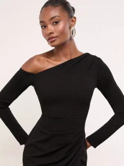 Lipsy Noir - Robe longue à manches longues sur l’épaule rassemblée