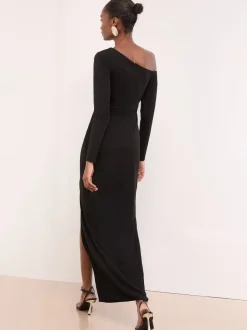 Lipsy Noir - Robe longue à manches longues sur l’épaule rassemblée