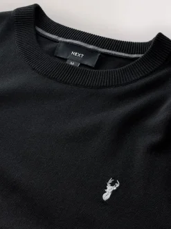Next Noir - Logo cerf - Pull col rond riche en coton coupe classique Clearance