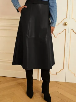 Love & Roses Noir - Jupes mi-long ajustées et flamboyantes en faux cuir Discount