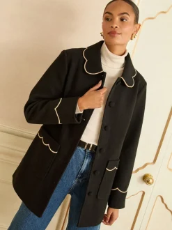 Love & Roses Noir - Manteau Dolly mi-long à bordures festonnées Discount