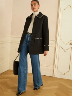 Love & Roses Noir - Manteau Dolly mi-long à bordures festonnées Discount