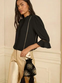 Love & Roses Noir - Pochette en velours avec ornements sequins Outlet