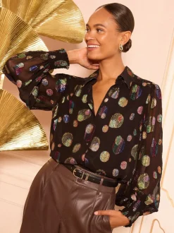 Love & Roses Noir à pois métallisés - Chemise imprimée à manches longues