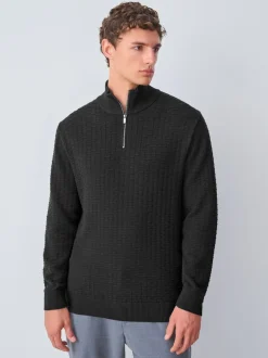 Next Noir - Pull N.premium en coton riche en coton haut de gamme texturé à col zippé Outlet