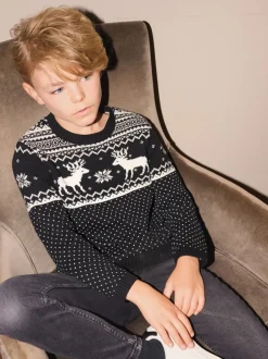 The Little Tailor Noir - Pull motif jacquard renne de Noël enfant Hot