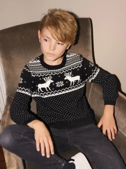 The Little Tailor Noir - Pull motif jacquard renne de Noël enfant Hot