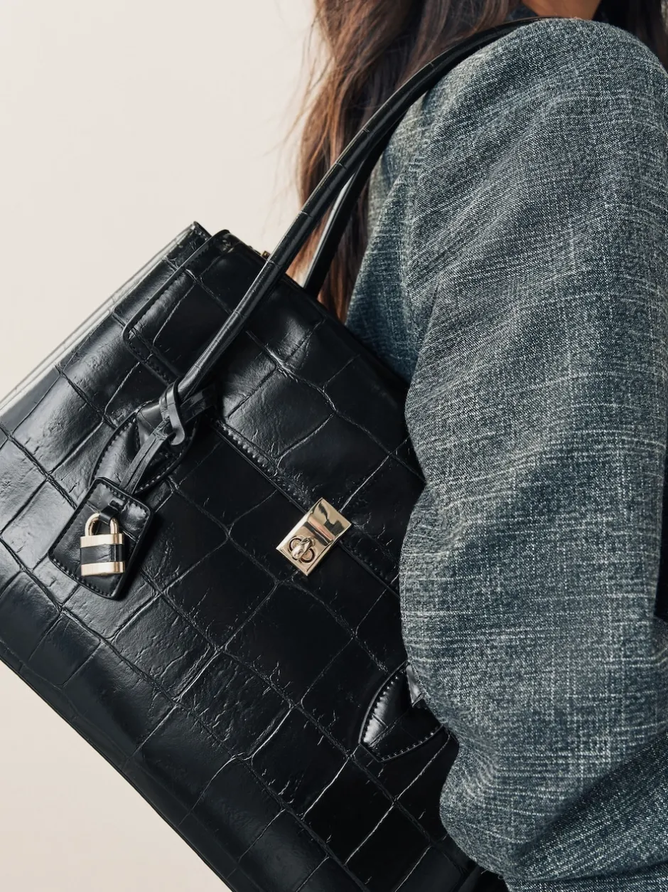 Next Noir - Sac bandoulière effet croco Discount