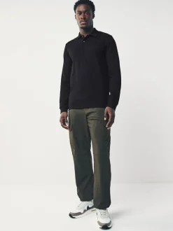 Next Noir - Slim Fit (Slim Fit) - Polo à manches longues en piqué Sale