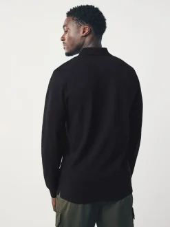 Next Noir - Slim Fit (Slim Fit) - Polo à manches longues en piqué Sale