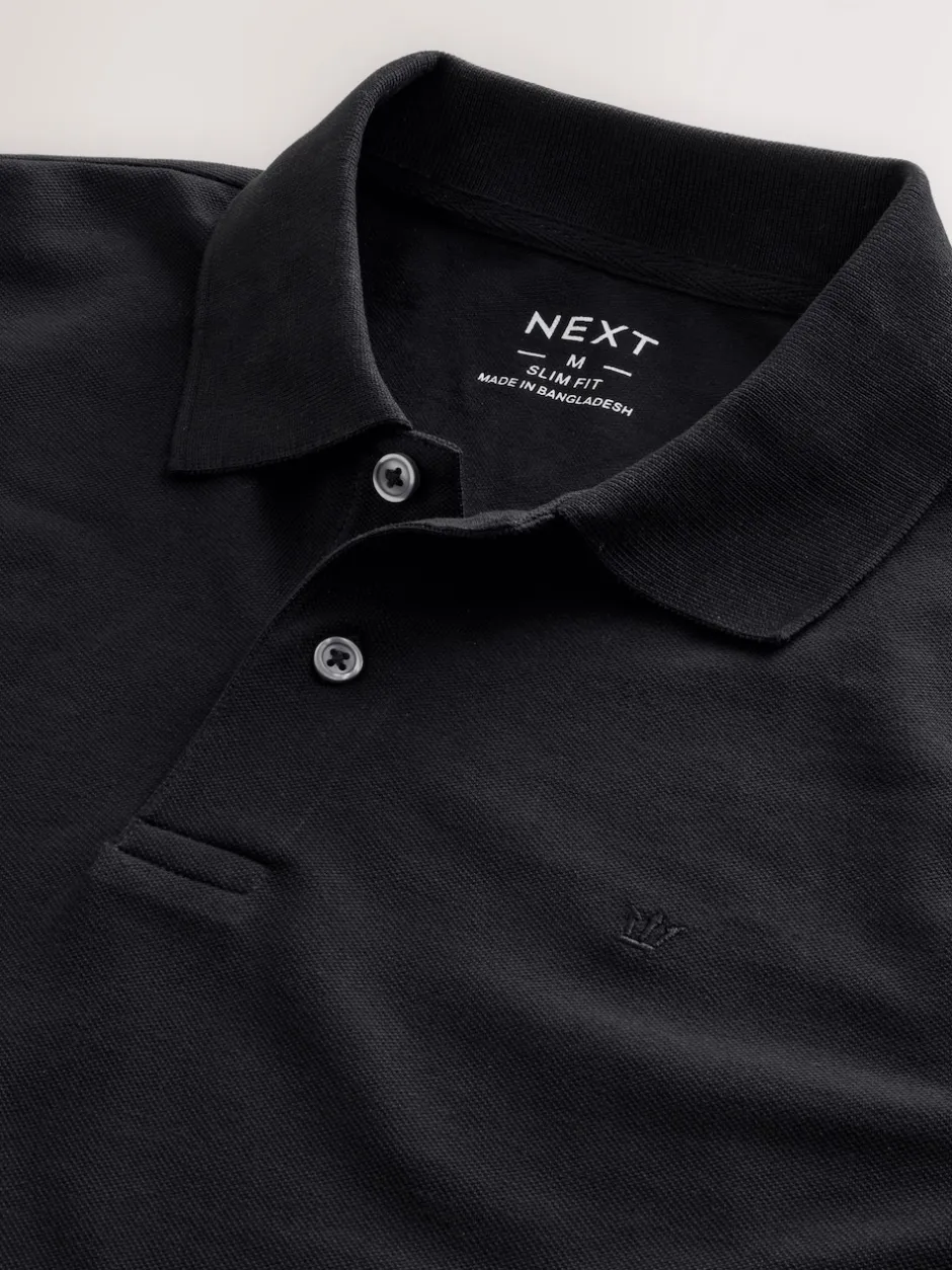 Next Noir - Slim Fit (Slim Fit) - Polo à manches longues en piqué Sale