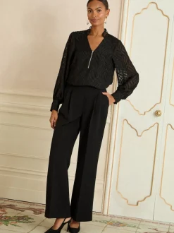 Love & Roses Noir en tissu dévoré - Chemisier zippé à manches longues sur le devant New