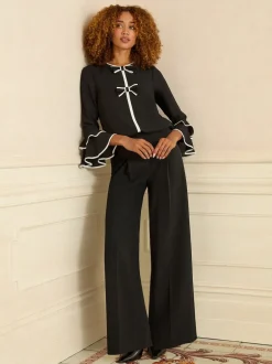 Love & Roses Noir et blanc avec nœud - Chemisier plissé à manches flûte à col rond New