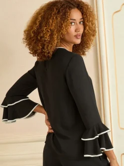 Love & Roses Noir et blanc avec nœud - Chemisier plissé à manches flûte à col rond New