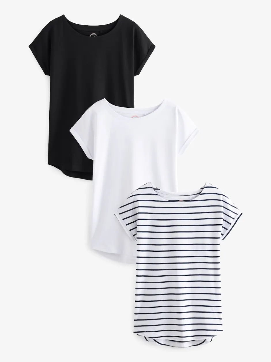 Next noir et blanc rayé - Lot de 3 T-shirts à manches courtes 100 % coton Discount
