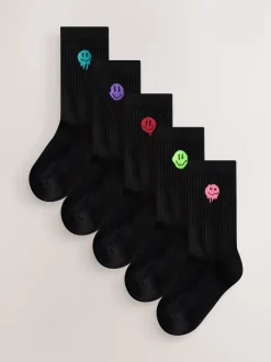 Next Noir Smiley - Lot de 5 paires de chaussettes côtelées Sport Clearance