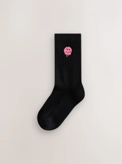 Next Noir Smiley - Lot de 5 paires de chaussettes côtelées Sport Clearance