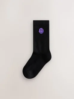 Next Noir Smiley - Lot de 5 paires de chaussettes côtelées Sport Clearance