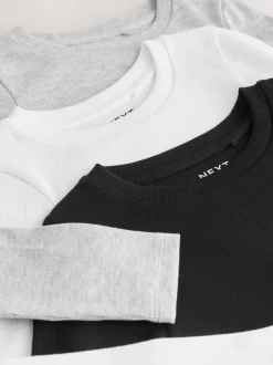 Next - Lot de 3 Hauts à manches longues côtelés (3-16ans) Noir/Blanc New