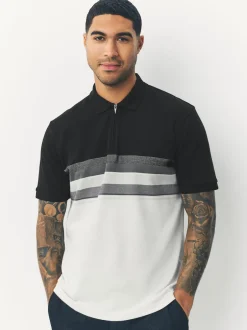 Next Noir/Blanc - Polo 100% coton à manches courtes et col zippé Clearance