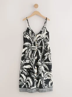 Next Noir/blanc imprimé palmiers - Robe mi-longue boutonnée en jersey Outlet