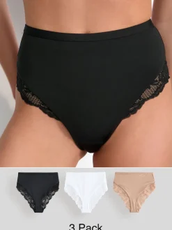 Next Noir/Blanc/Ppraline Nude - Lot de 3 culottes taille haute en microfibre et dentelle Sale