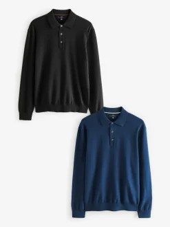 Next Noir/bleu marine - Manches longues Polos en tricot 2 Lot New