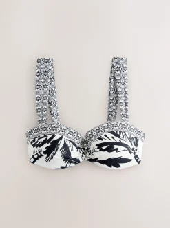 Next - Haut de bikini bandeau filaire Noir/Crème Palmier