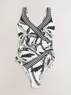 Next - Maillot de bain gainant le ventre froncé Noir/Crème Palmier Best