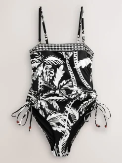 Next - Maillot de bain Bandeau gainant à jambes froncées Noir/Crème Palmier