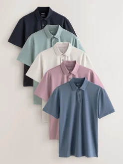 Next - Ajustement régulier - Polo en jersey Manches courtes 5 Pack Noir/écru/bleu/vert/rose New