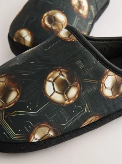 Next - Mules chaussons doublées chaudes Noir/doré motif football Sale