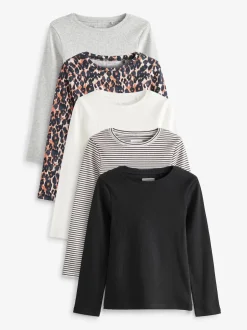 Next Noir/imprimé animal/blanc/rayé - Lot de 5 hauts à manches longues côtelés (3-16ans) Outlet