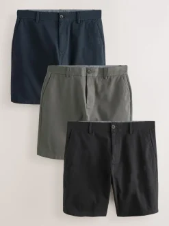 Next Noir/Marine/Charbon - Ajustement droit - Short chino extensible 3 Pack Outlet