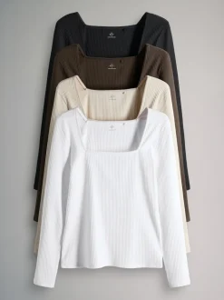 The Set Noir/Marron Chocolat/Crème/Blanc - lot de 4 hauts côtelés à col carré