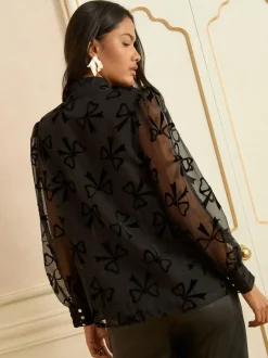 Love & Roses - Chemisier manches longues à nœud lavallière Nœud en velours noir Outlet