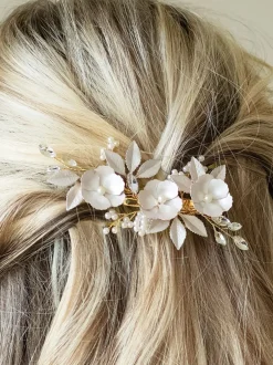 Ivory & Co Or - Pince à fleurs émaillées et cristaux de gardénia