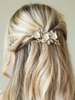 Ivory & Co Or - Pince à fleurs émaillées et cristaux de gardénia