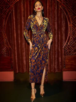 Yumi Or - Robe mi-longue extensible en velours à manches longues Best