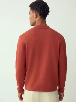 Next - Col zippé - Polo N.premium en maille à manches longues haut de gamme à manches longues Orange brûlé Sale