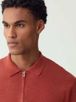 Next - Col zippé - Polo N.premium en maille à manches longues haut de gamme à manches longues Orange brûlé Sale