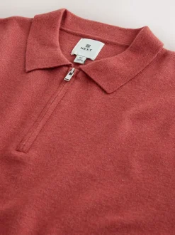 Next - Col zippé - Polo N.premium en maille à manches longues haut de gamme à manches longues Orange brûlé Sale