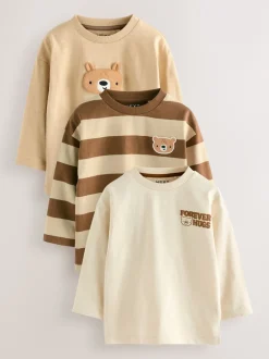 Next ours marron - T-shirts à manches longues avec appliqué, lot de 3 (3mois-7ans) Outlet