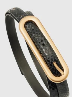 Reiss Peau de serpent noire - Ceinture fine en cuir avec boucle allongée Chaya Outlet