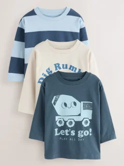 Next - Lot de 3 t-shirts imprimés graphiques à manches longues (3mois-7ans) Pelleteuse bleue New