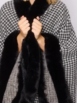 South Beach Pied-de-poule monochrome - Cape bordée de fausse fourrure Online