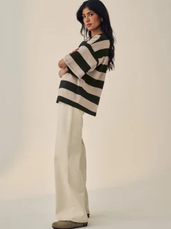 Next - T-shirt oversize décontracté boxy épais à col ras du cou Pierre Neutre Rayure Outlet