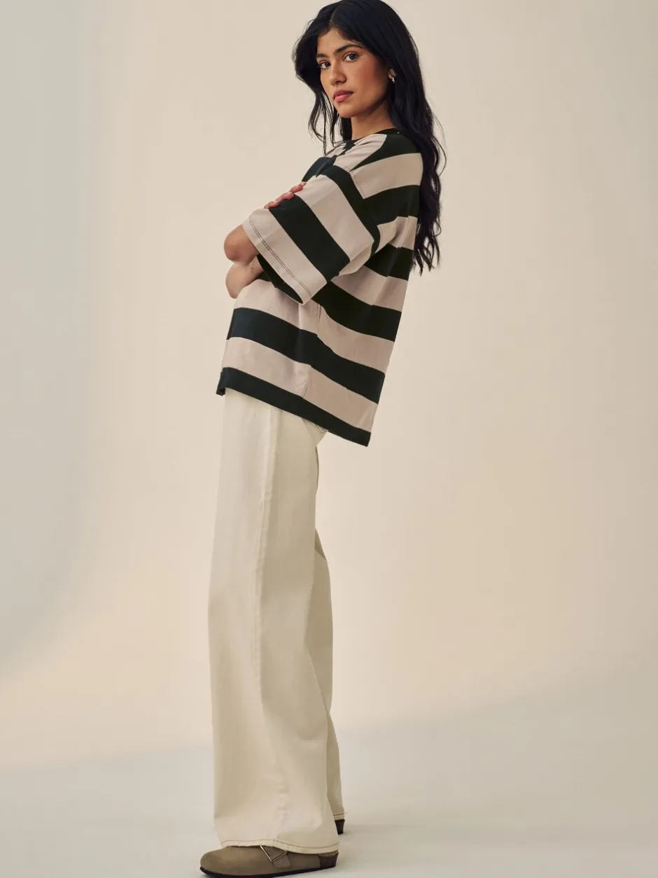 Next - T-shirt oversize décontracté boxy épais à col ras du cou Pierre Neutre Rayure Outlet